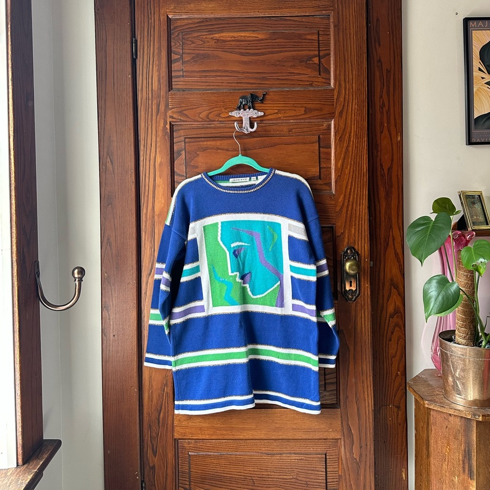 Vintage Jacques Vert Embroidered Sweater Sz XL Art To Wear Geometric Wool Artsy